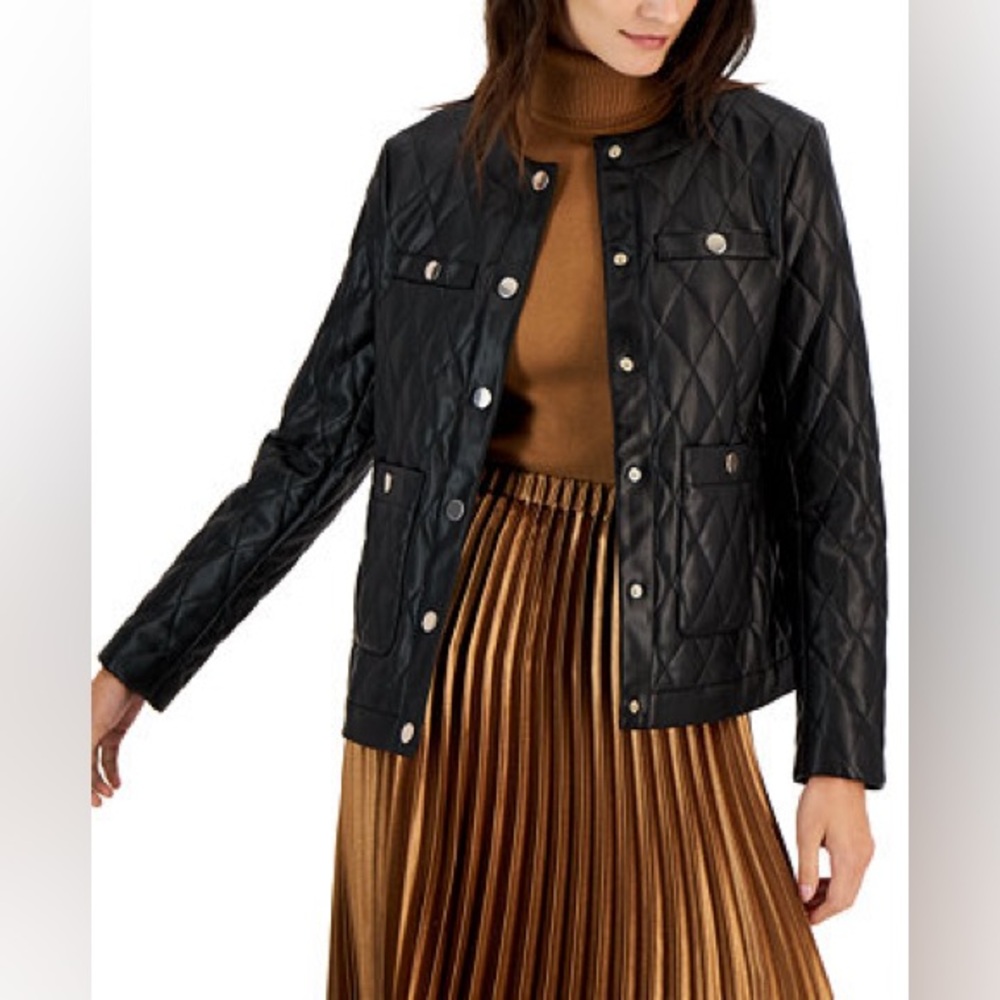 Anne Klein Faux-Leather Quilted Snap Jacket